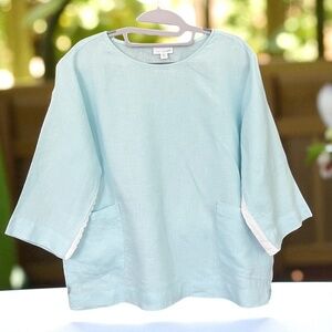 Pure Jill 100% Linen Top XS Petite Light Blue 3/4 Sleeve Boxy Pullover Pockets